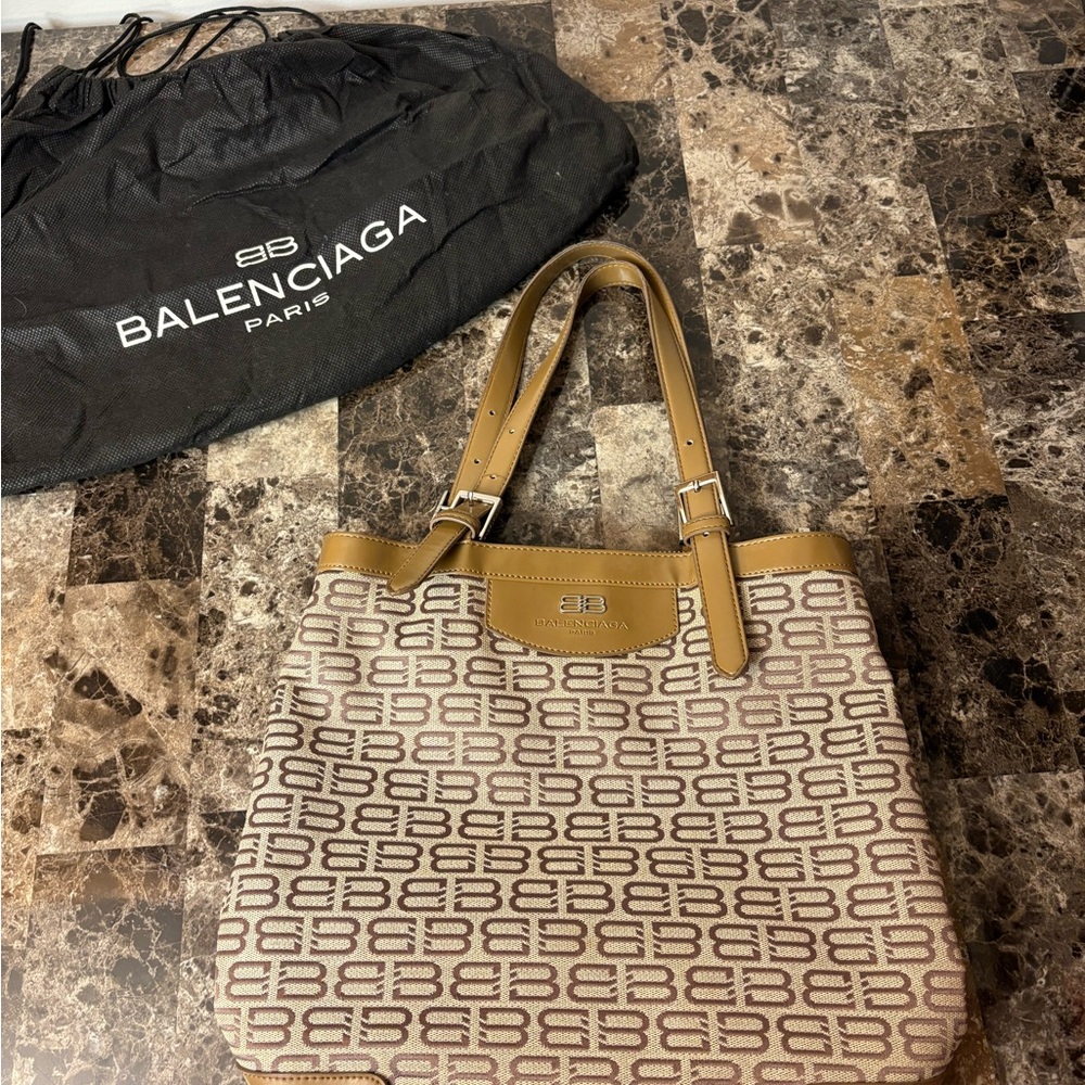 Balenciaga All Over Logo Cream and Brown Shoulder Bag